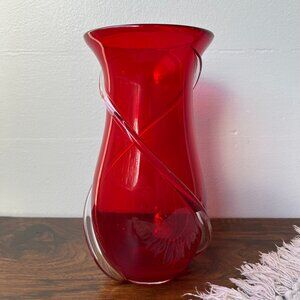 Murano Hand Blown Vase Ruby Red with Clear Swirls 9" Tall